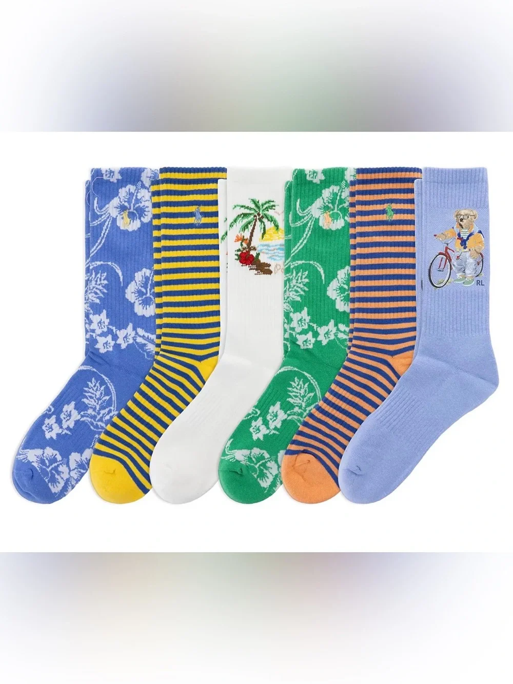 Polo Ralph Lauren VACATION BICYCLE BEAR 6-Pack Half Cushion Crew Socks sz 10-13